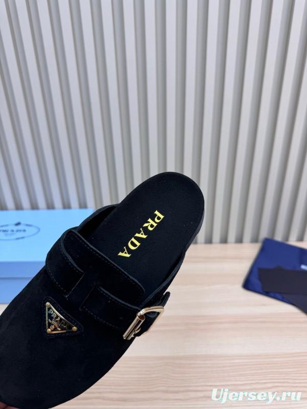 2025 Slippers Prada Black Suede Slippers LY00280