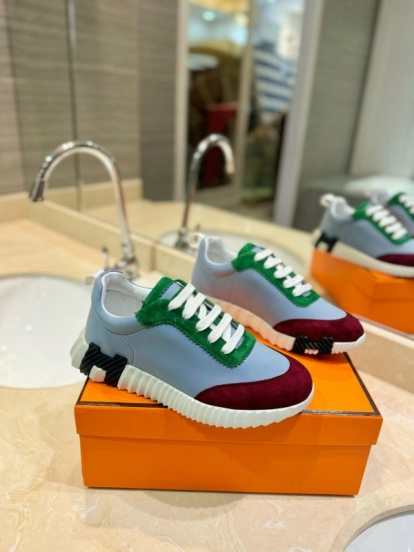 2024 Unisex Hermès White Green Burgundy Imported Silk Suede Casual Sneakers MJ00320