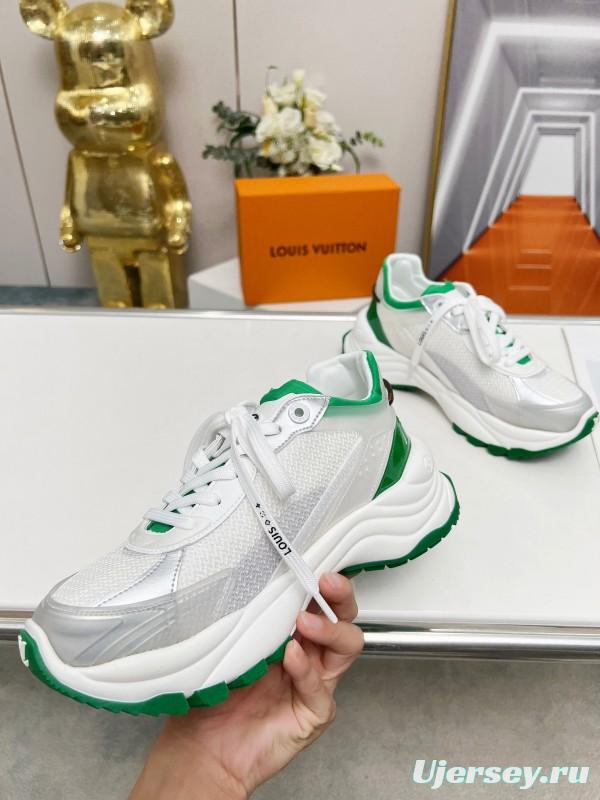 2025 Unisex Louis Vuitton White Green Leather Mesh Rubber Sneakers LY00340