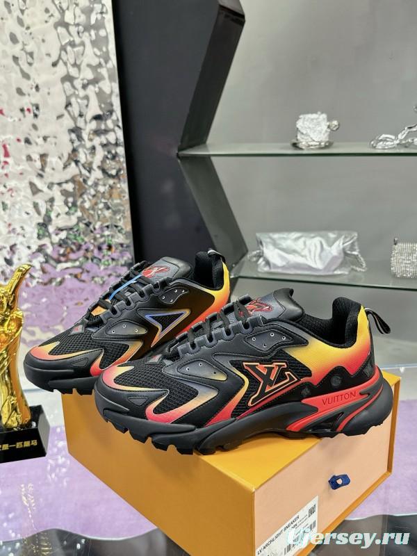 2025 Men Louis Vuitton Black Yellow Orange Mesh Leather Sneakers MJ00420