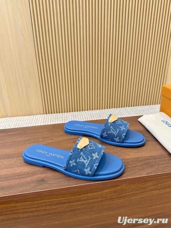 2025 Women Louis Vuitton Blue Denim Leather Slippers LY00200