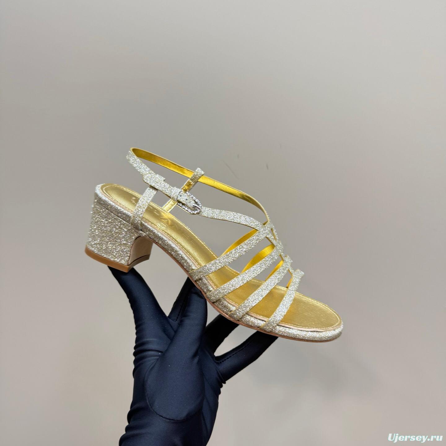 2025 Women Chanel Gold Leather Sandals KFY00290