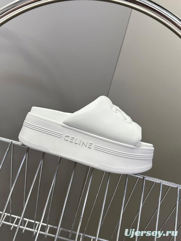 2025 Women Celine White Leather Slippers LY00240