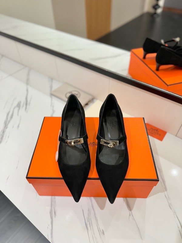 2025 Women Hermès Black Suede Pumps KFY00330