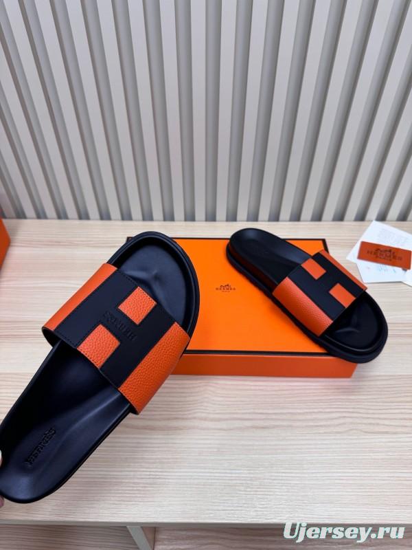 2025 Slippers Hermès Orange Black Leather Slippers
