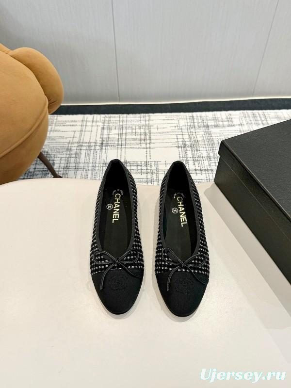 2025 Women Chanel Black White Wool Leather Ballet Flat LY00250