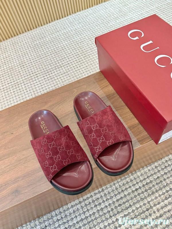 2025 Women Gucci Red Suede Leather Slippers