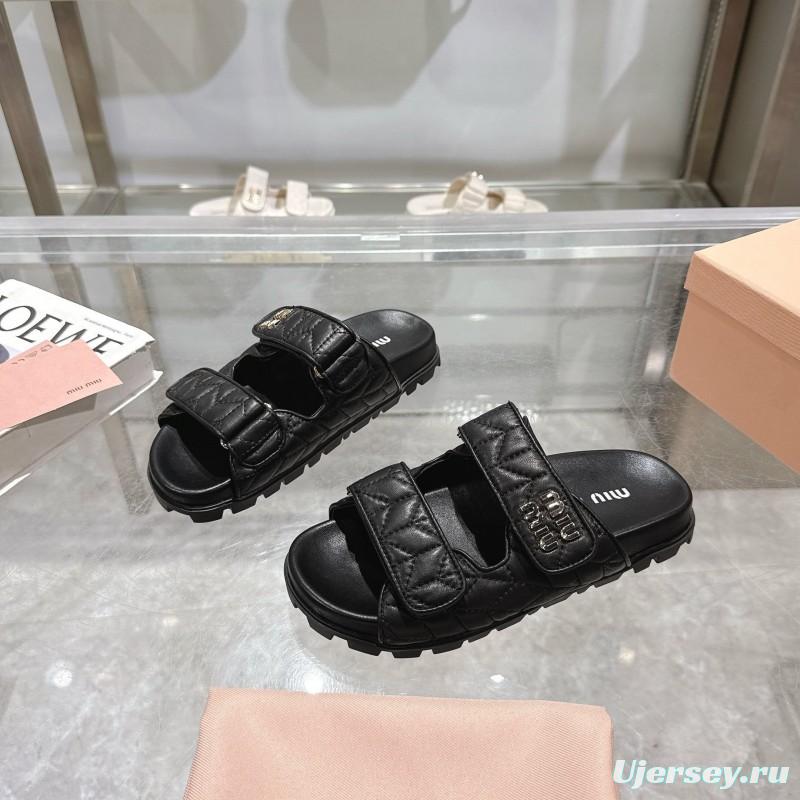 2025 Women Miu Miu Black Leather Slide Sandals