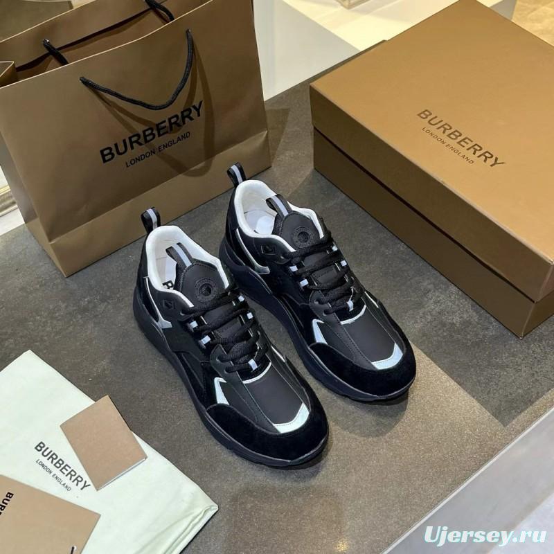 2025 Unisex Burberry Black White Leather Suede Sneakers MJ00380