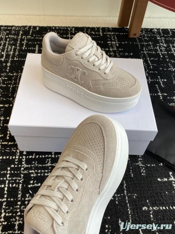 2025 Women Celine Beige Suede Platform Sneakers CELINE Embroidery
