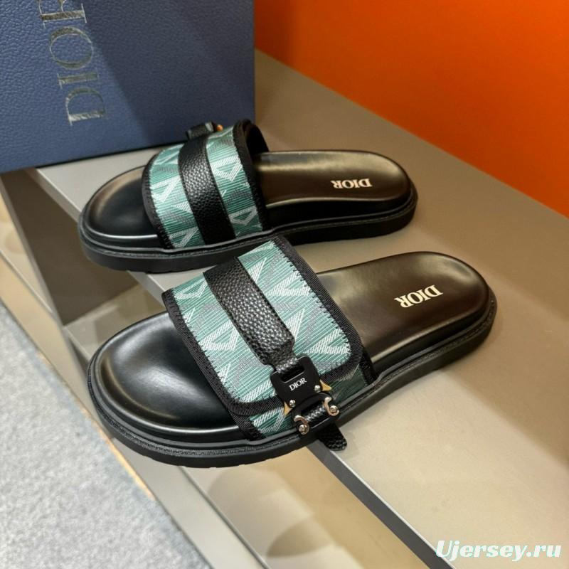 2024 Slippers Dior Green Black Leather Fabric Slippers