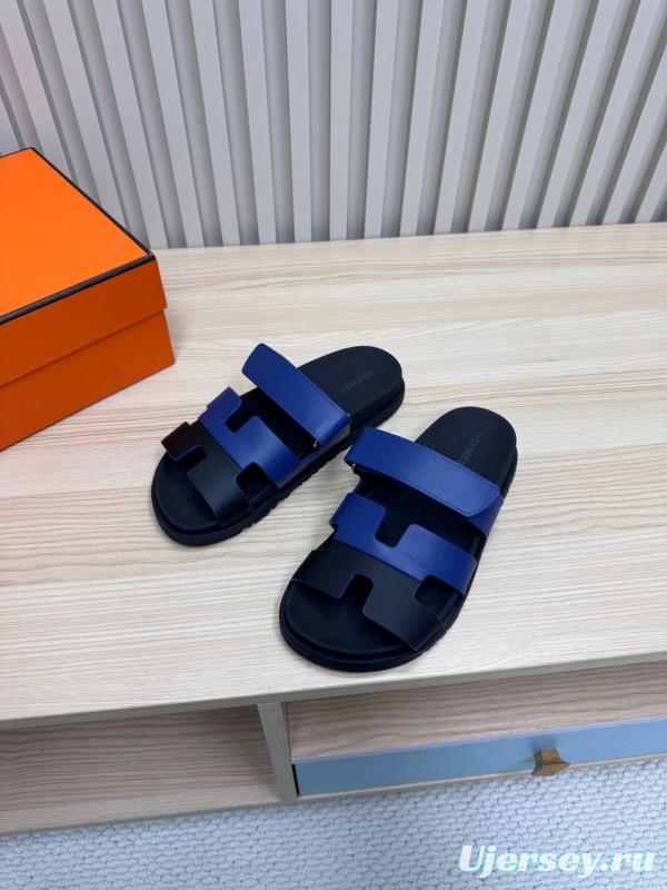 2025 Slippers Hermès Blue Black Leather Slippers