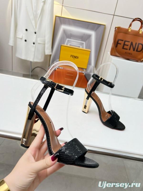 2025 Women Fendi Black Leather High Heel Sandals MJ00251