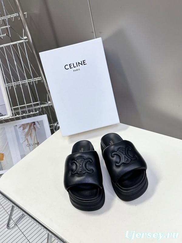 2025 Women Celine Black Leather Slippers