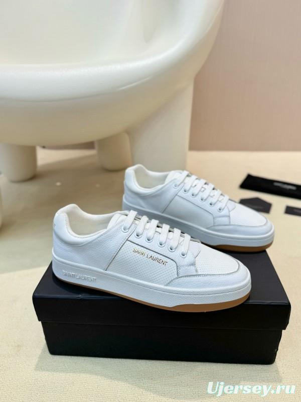 2024 Unisex Yves Saint Laurent White Silk Leather Sneakers Gold Hole Punch MJ00350