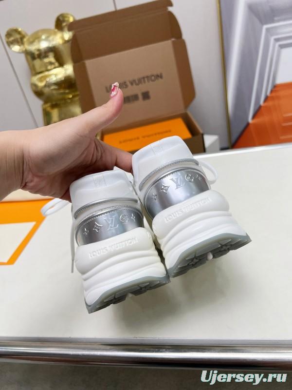 2025 Women Louis Vuitton White Grey Mesh Leather Sneakers LY00340