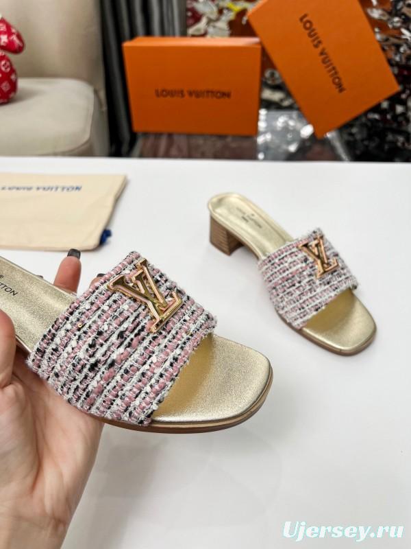 2025 Women Louis Vuitton Pink White Tweed Leather Heeled Mules LY00220
