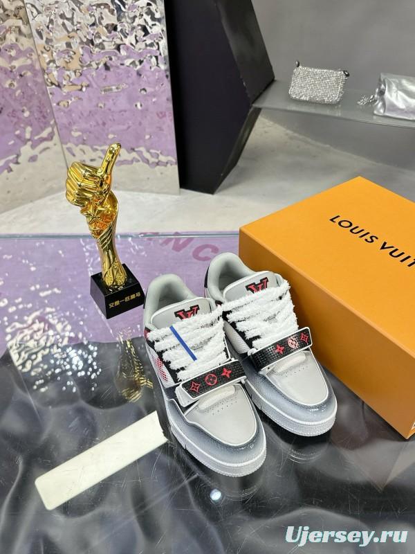 2024 Unisex Louis Vuitton White Gray Pink Leather Mesh Trainer