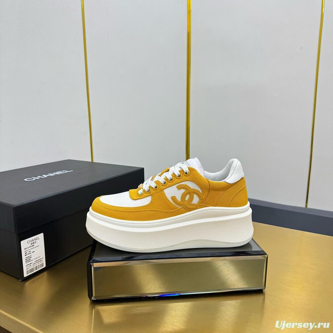 2025 Women Chanel Yellow White Canvas Leather Platform Sneakers