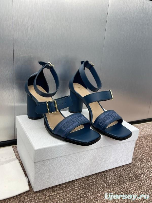 2025 Women Dior Navy Blue Leather Sandals Ankle Strap KFY00310