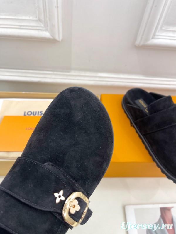 2025 Women Louis Vuitton Black Suede Mule Slip-On KFY00300