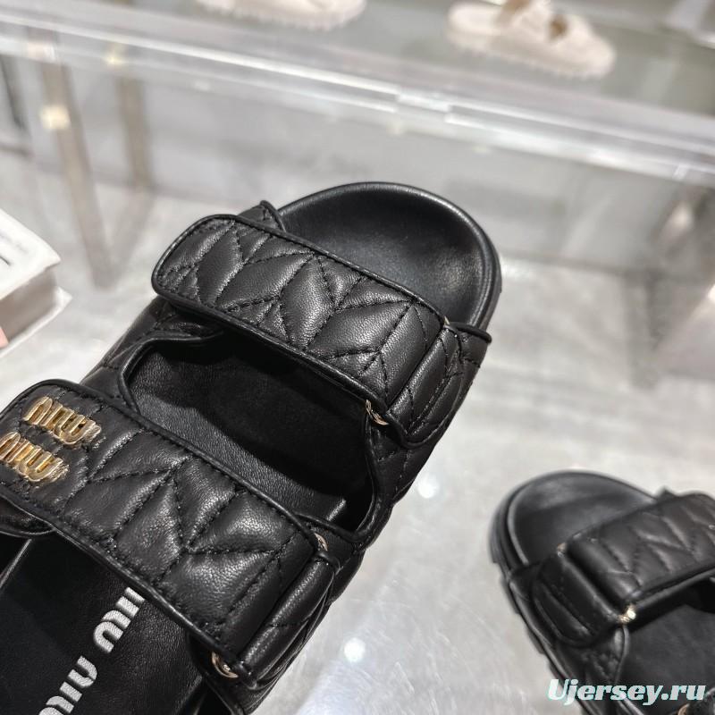 2025 Women Miu Miu Black Leather Slide Sandals