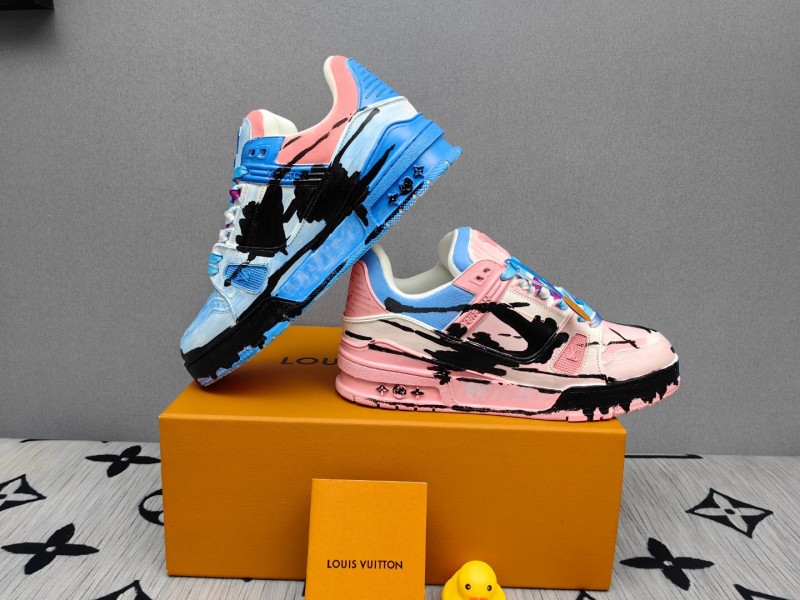 2025 Unisex Louis Vuitton Pink Blue Leather Canvas Plimsolls Hand Painted KFY00620