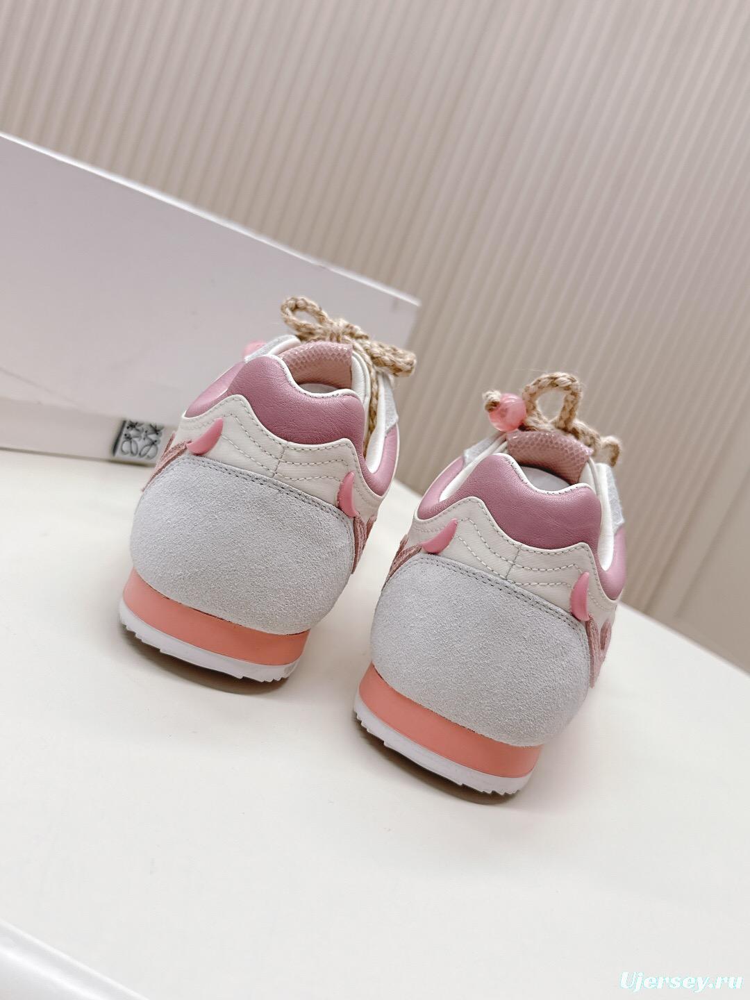 2025 Women Loewe Pink White Leather Balletrunner Ballet Sneakers KFY00300(F)