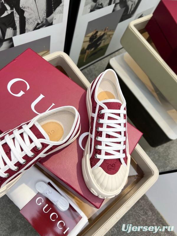 2025 Women Gucci Burgundy Canvas Rubber Sole Thick Platform Sneakers Handcrafted LY00270
