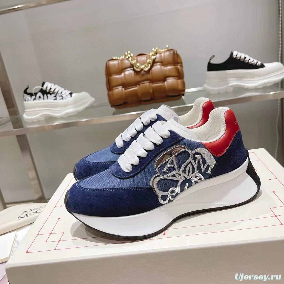 2024 Unisex Alexander McQueen Blue Red Leather Suede Mesh Sneakers MJ00370