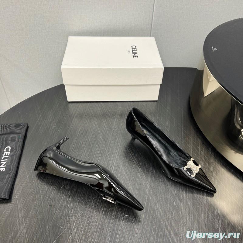 2025 Women Celine Black Patent Leather Pointed Toe Buckle Pumps KFY00290