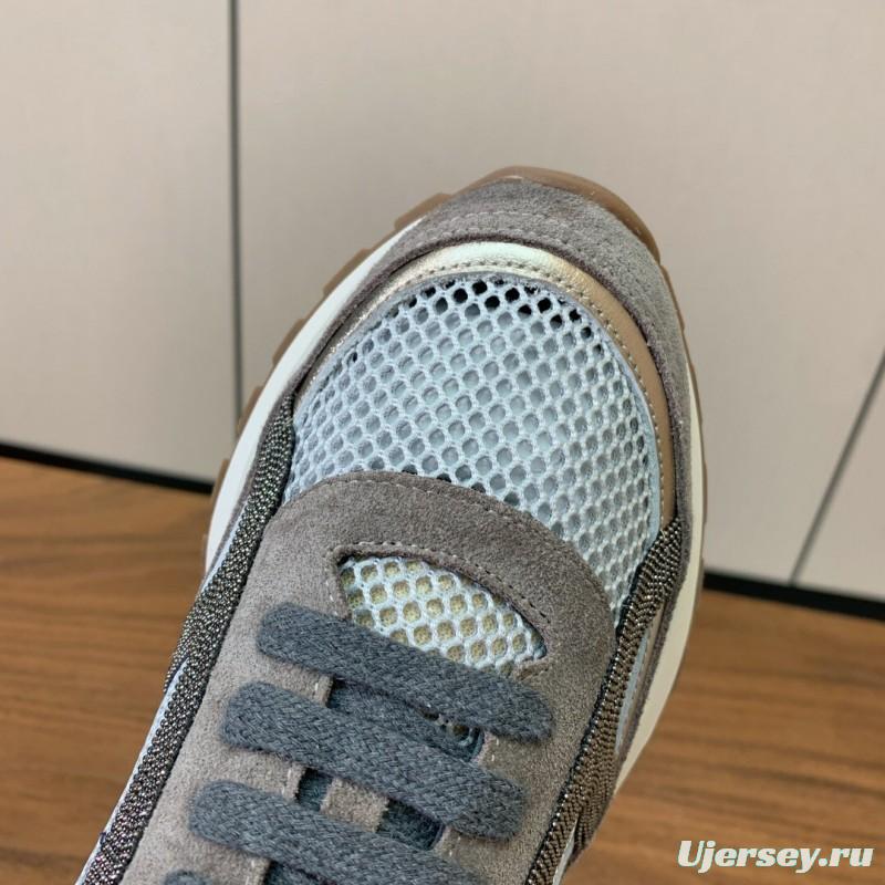 2025 Unisex Brunello Cucinelli Grey Silver Suede Mesh Sneakers