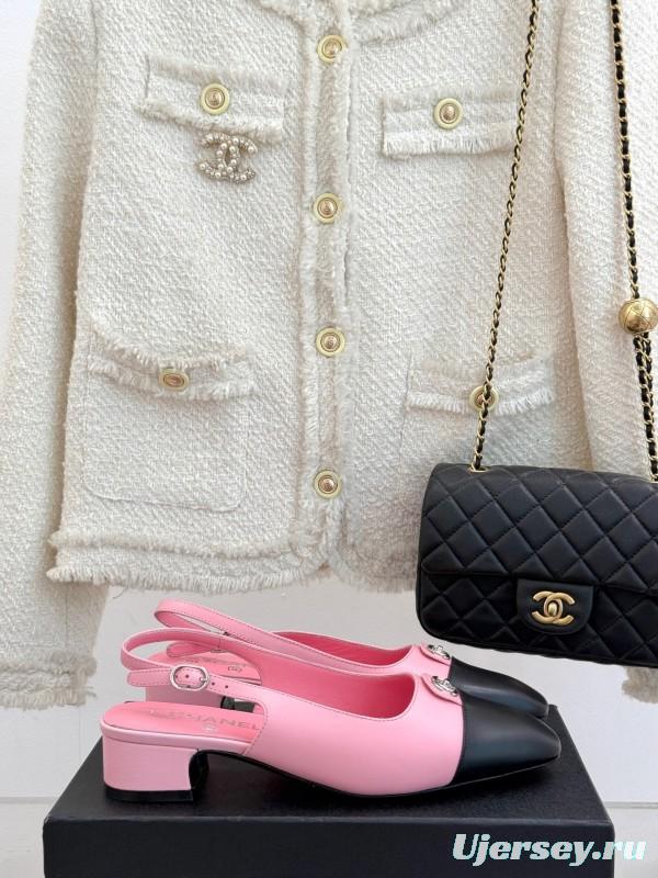 2025 Women Chanel Pink Black Leather Slingback Low Heel KFY00280