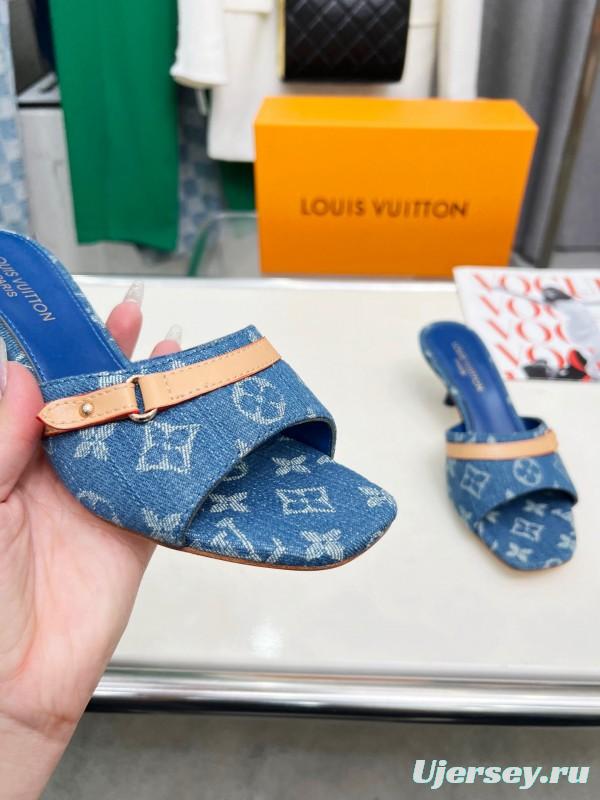 2025 Women Louis Vuitton Denim Blue Leather Heeled Sandals LY00260