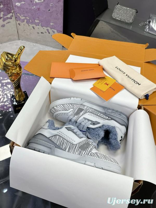 2024 Women Louis Vuitton White Grey Leather Fur Sneakers