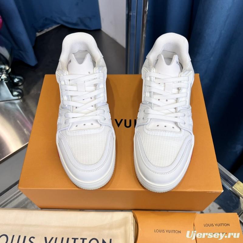 2025 Unisex Louis Vuitton White Calf Leather Mesh Trainer TPU Plimsolls Goodyear Welt