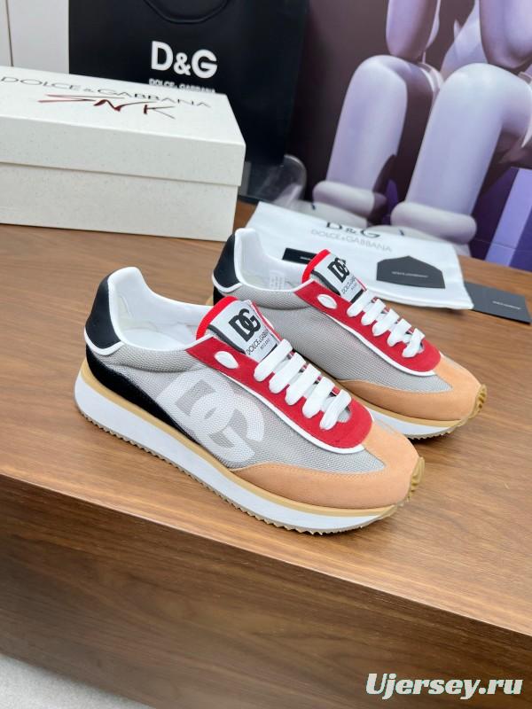 2025 Unisex Dolce & Gabbana Gray Red Beige PU Leather Mesh Sneakers LY00300