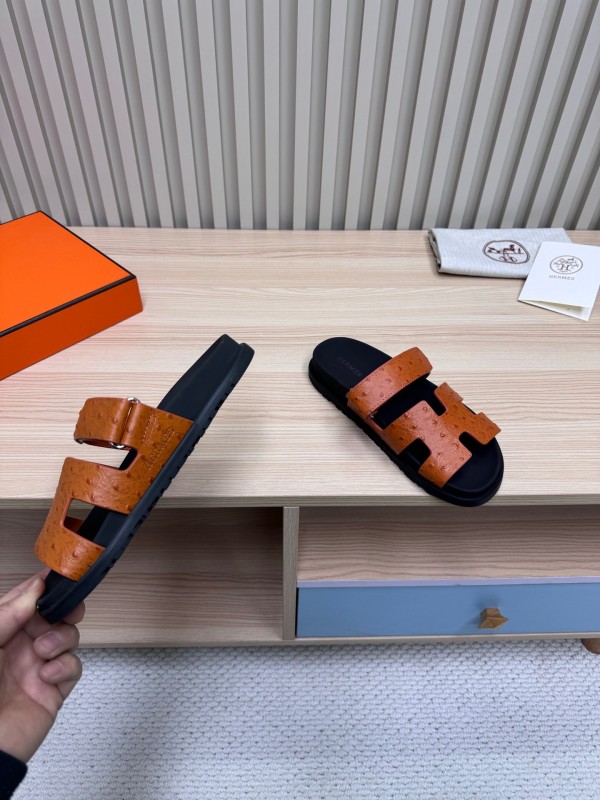 2025 Women Hermès Brown Black Leather Slippers