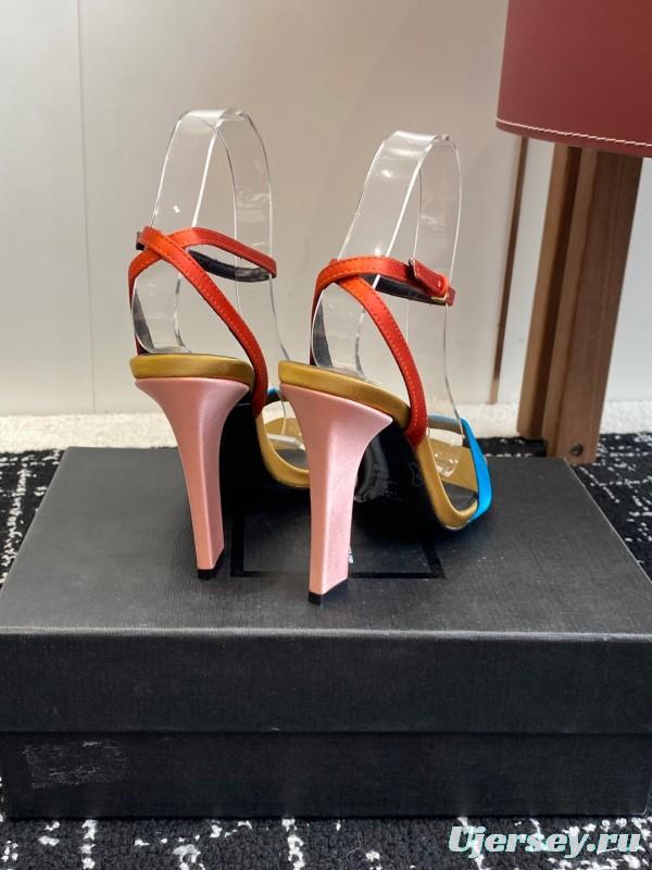 2025 Women Yves Saint Laurent Orange Black Blue Leather High Heel Sandals