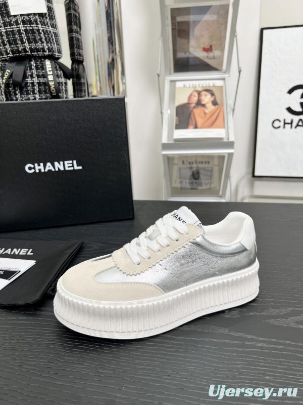 2025 Women Chanel White Silver Suede Leather Sneakers LY00270