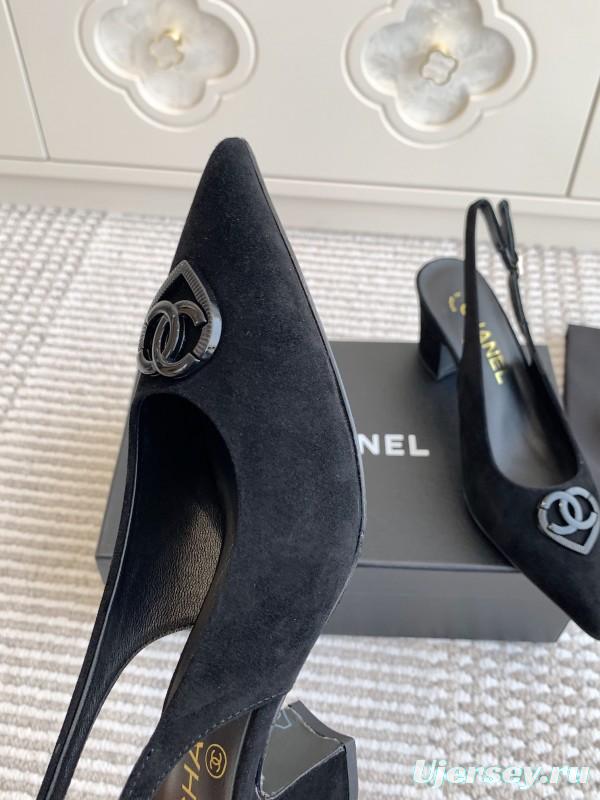 2025 Women Chanel Black Suede Slingback Heels CC Logo KFY00300