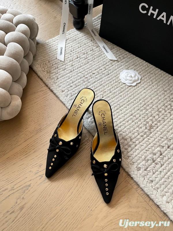 2025 Women Chanel Black Suede Pointed Toe Studded Mules