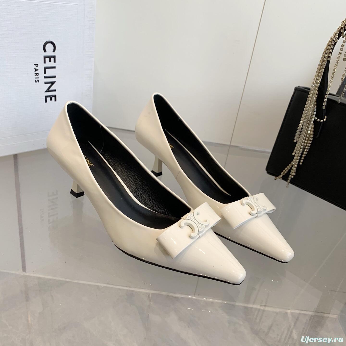 2025 Women Celine White Calfskin Pointed Toe Pumps KFY00330