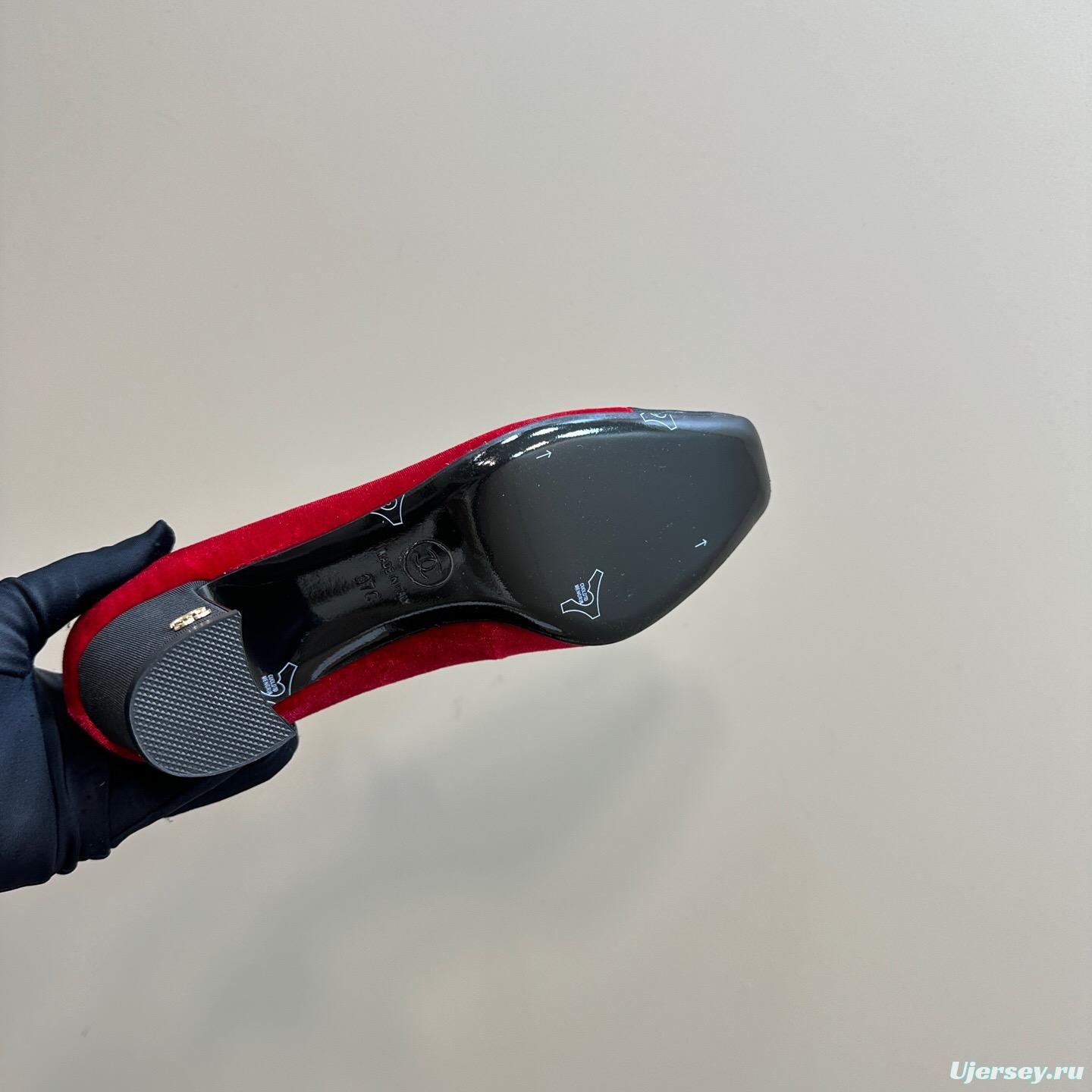 2025 Women Chanel Red Black Suede Leather Mary Jane Logo KFY00290