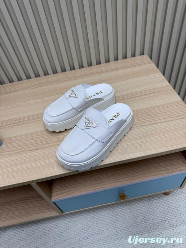 2025 Women Prada White Leather Slippers KFY00280