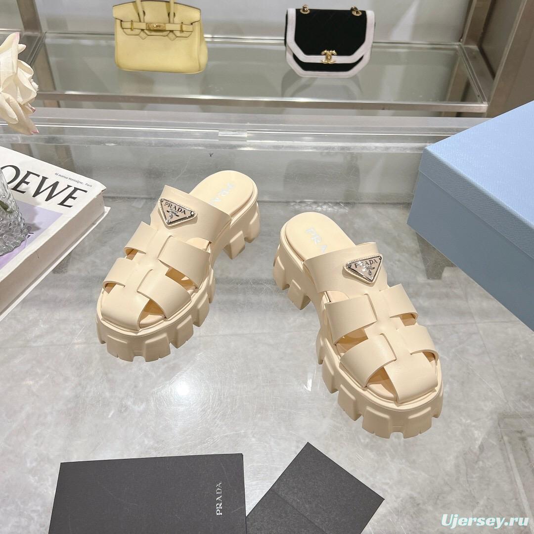 2025 Women Prada Beige Leather Platform Sandals LY00250