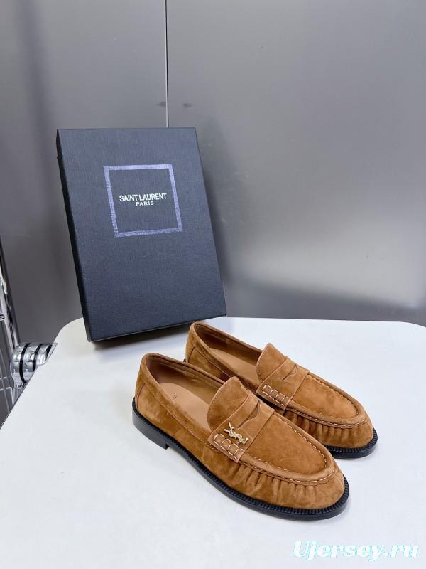 2025 Women Yves Saint Laurent Brown Suede Loafers KFY00350