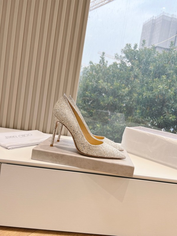 2025 Women Jimmy Choo Silver Glitter Leather Pointed Toe Pumps KFY00280