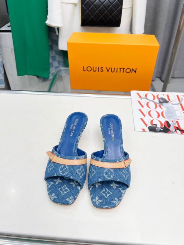 2025 Women Louis Vuitton Denim Blue Leather Heeled Sandals LY00260