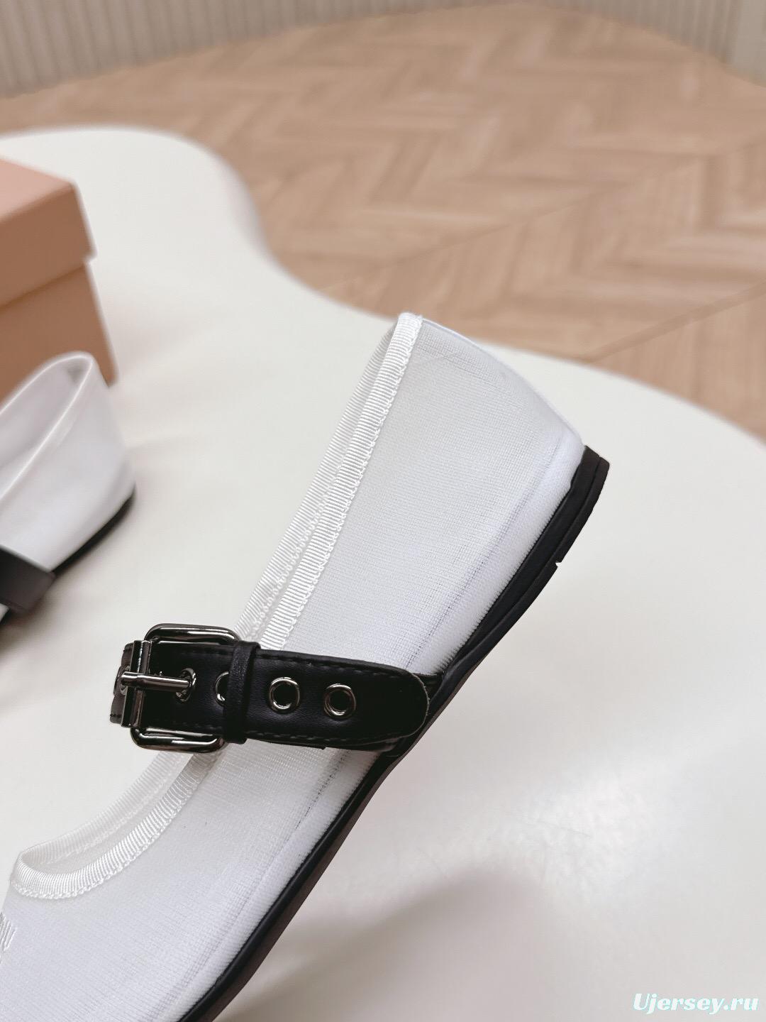 2025 Women Miu Miu White Black Mesh Leather Ballet Flats